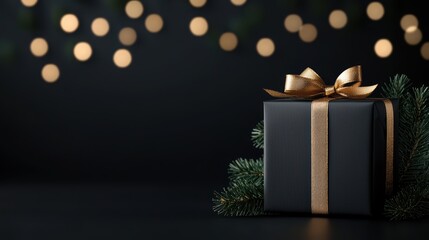 Wall Mural - elegant black gift box adorned with golden ribbon and greenery