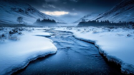 Serene winter stream flows through snowy valley.