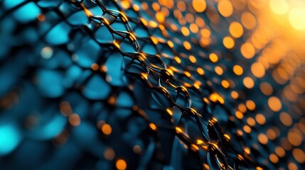 A macro view of a wire mesh illuminated by orange and blue light