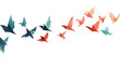 © ca - An illustration depicting a flock of origami birds in flight against a white background. The birds are rendered in a low-poly style with a gradient color scheme of teal, orange, and red hues. The