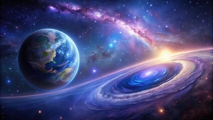 Wall Mural - a celestial tapestry earth's orbit and a spiral galaxy's embrace in a cosmic ballet of light and col