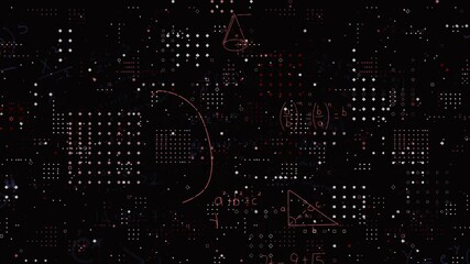 Animation of mathematical symbols and geometric shapes over digital pattern background