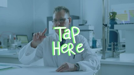 Canvas Print - in lab, scientist gesturing with animation tap here text overlay