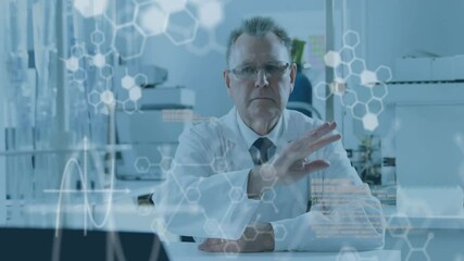 Wall Mural - interacting with digital animation, scientist exploring hexagonal patterns and data