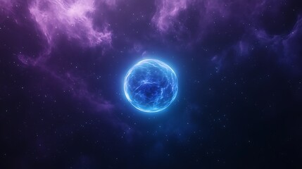 Poster - A glowing blue sphere in a vibrant purple cosmic background.
