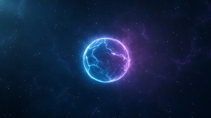Poster - Glowing sphere in space with blue and pink energy effects amidst a starry background.