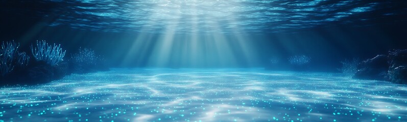 Fototapete - Underwater scene with sunlight rays illuminating the blue water surface.