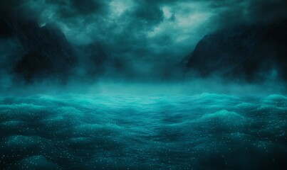 Aufkleber - Mysterious ocean scene with dark clouds and glowing waters under a moody sky.