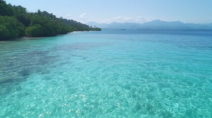 Aufkleber - Crystal-clear turquoise water meets lush green coastline under a bright blue sky.