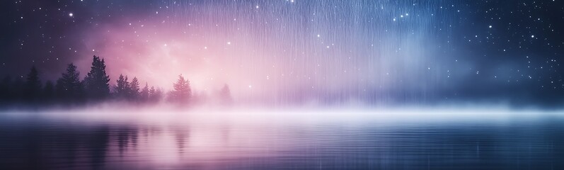 Aufkleber - Serene landscape with mist, water, and a colorful twilight sky filled with stars and rain.