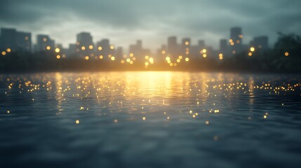 Aufkleber - A serene cityscape with raindrops reflecting lights at dusk over a calm water surface.