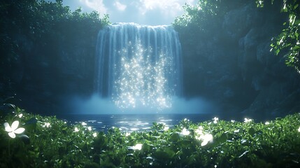 Poster - Lush waterfall cascading into a serene pool surrounded by vibrant greenery and delicate flowers.