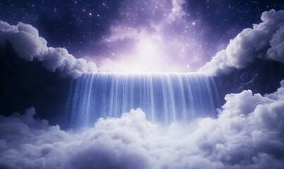 Poster - Majestic waterfall cascading through clouds under a starry sky.