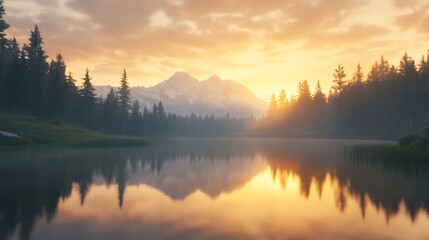 Aufkleber - Serene sunrise over mountains reflected in a tranquil lake, surrounded by lush trees.