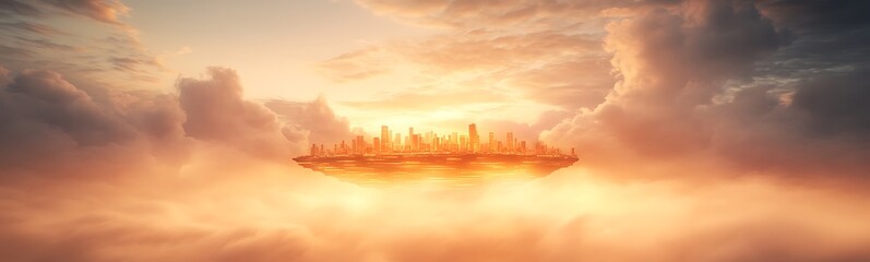 Poster - A futuristic city floating amidst clouds at sunset, radiating warm orange hues.