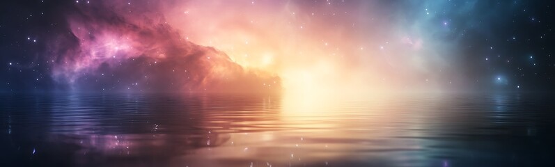 Poster - Cosmic landscape with vibrant colors reflected on calm water surface.