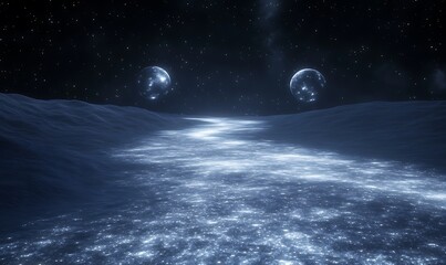 Poster - Mysterious cosmic landscape with shimmering waves and distant celestial bodies.