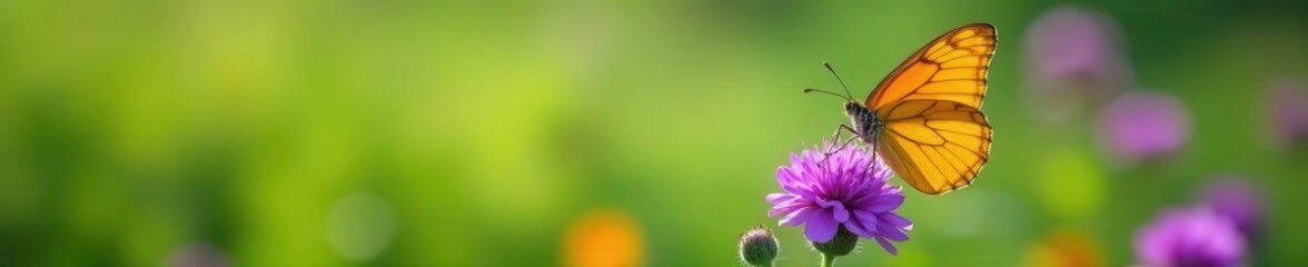 intricate orange butterfly wings against a vibrant purple bloom in a green summer field , flora, win