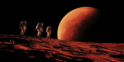 Wall Mural - a barren, red-hued planet resembling mars, with astronauts exploring its surface