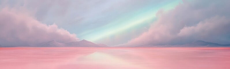 Poster - Serene pastel landscape with soft clouds reflecting on a tranquil pink lake.