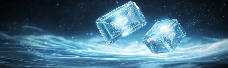 Aufkleber - Two ice cubes floating in a shimmering, blue liquid environment.