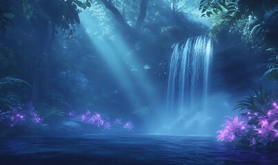 Aufkleber - Serene waterfall surrounded by vibrant flowers and ethereal light in a lush forest setting.