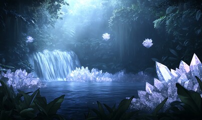 Fototapete - A serene forest scene featuring a waterfall, crystals, and misty blue lighting.