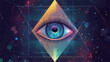 © ca - A digital illustration featuring a stylized eye as the central focus. The eye is rendered with vibrant blue, purple, and orange tones, exhibiting a glowing effect.  It is positioned within a