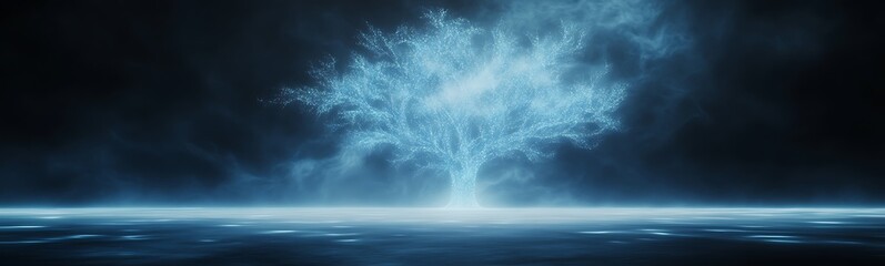 Fototapete - Ethereal glowing tree amidst a dark, misty background creates a mystical atmosphere.