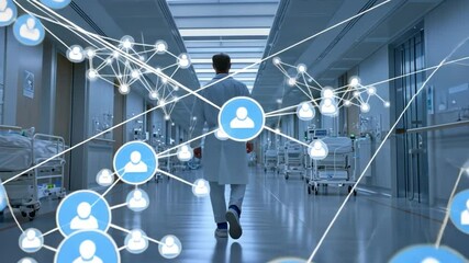 Medical Network: A medical professional walks down a brightly lit hospital corridor, their path interwoven with a digital network of interconnected nodes and connections
