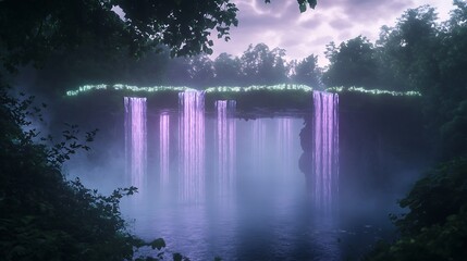 Poster - Mystical waterfall illuminated by purple light amid lush greenery and foggy atmosphere.