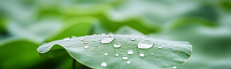 Poster - Lush green leaf with dew drops glistening in soft light, showcasing nature's beauty and freshness.
