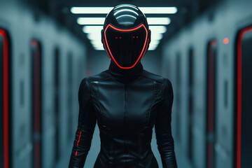 Poster - futuristic figure in sleek black suit and helmet stands in sci fi corridor, exuding mysterious and powerful presence. glowing red accents on suit and helmet add striking contrast to dark attire