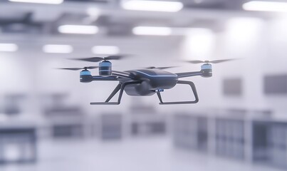Aufkleber - A drone hovers in a modern, well-lit indoor space, showcasing advanced technology and design.