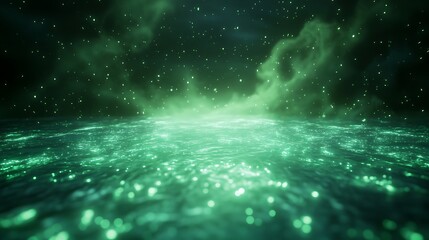 Aufkleber - Mystical green landscape with shimmering lights and clouds, evoking a dreamlike atmosphere.