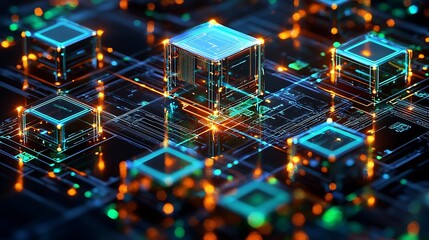 Fototapete - Dynamic representation of glowing tech cubes reflecting innovation and creativity in digital design : Generative AI