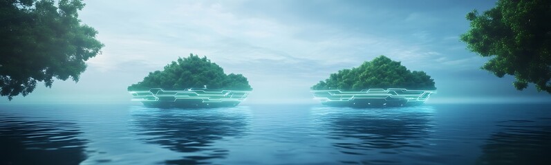 Fototapete - Serene landscapes with glowing islands in calm waters under a misty sky.