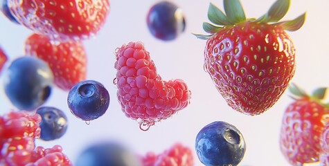 Poster - Close Up of Juicy Raspberries and Strawberries Floating in Air with Blueberries : Generative AI