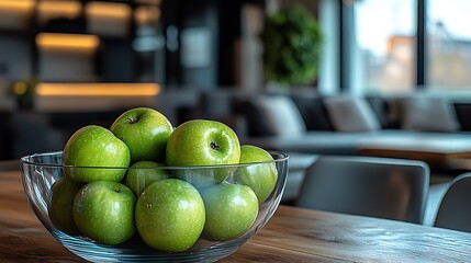 Fototapete - Beautiful green apples displayed in a crystal clear glass bowl on a polished wooden table in an elegant living room : Generative AI