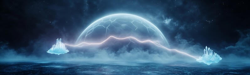 Poster - A mystical landscape featuring a glowing dome and ethereal ice formations under a starry sky.