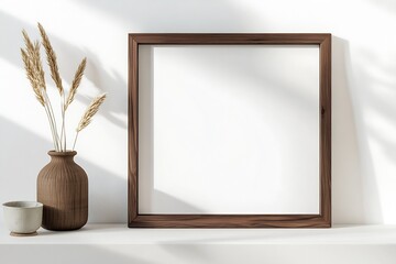 Poster - Natural wood frame with a rustic finish displaying dried flowers and pottery against a white wall : Generative AI