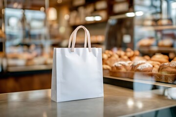 Poster - Elegant white paper bag on a bakery counter showcasing a range of freshly baked goods in a warm inviting setting for customers : Generative AI