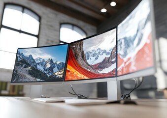 Aufkleber - Hybrid Workspace Evolution Immersive Multi-Screen Productivity Hub with Panoramic Landscape Displays - Next-Gen Remote Work Technology for Digital Professionals