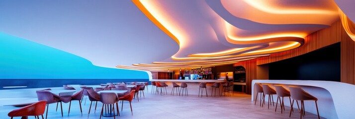 Leinwandbilder - Immersive Digital Hospitality Futuristic Cafe Design with Fluid Lighting and Interactive Architecture - Next-Gen Dining Experience for Innovation-Driven Professionals