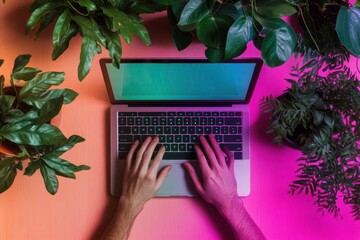 Fototapete - Vibrant Eco-Tech Workspace Immersive Digital Sustainability Concept with Biophilic Design, Green Innovation, and Creative Tech Productivity