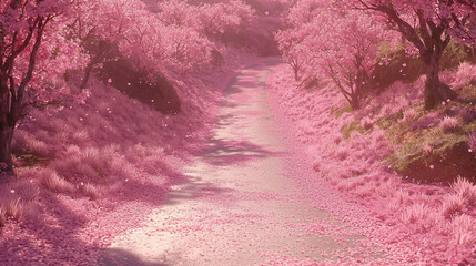 Wall Mural - A road that seems to have no end, covered with pink cherry blossom petals in spring, surrounded by pink flower trees.