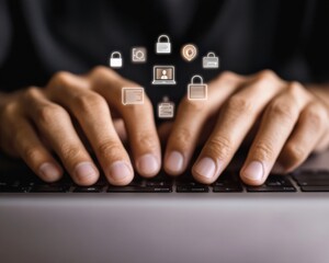 Aufkleber - Cybersecurity in Action Minimalist Digital Defense Visualization with Holographic Data Protection Icons for Modern Workplace Resilience