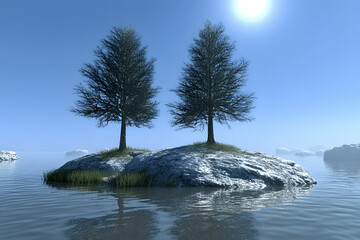 serene winter scene two trees stand on a snow-dusted island in a calm, clear lake under a bright sun