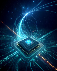 an abstract representation of quantum computing, with glowing qubits, entangled particles, and a fut