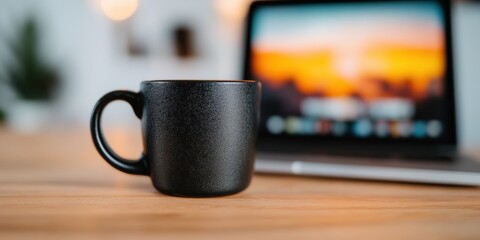 Fototapete - Minimalist Digital Nomad Workspace Sleek Black Mug and Blurred Streaming Interface - Hybrid Work Culture, Immersive Content Consumption and Modern Productivity Aesthetic